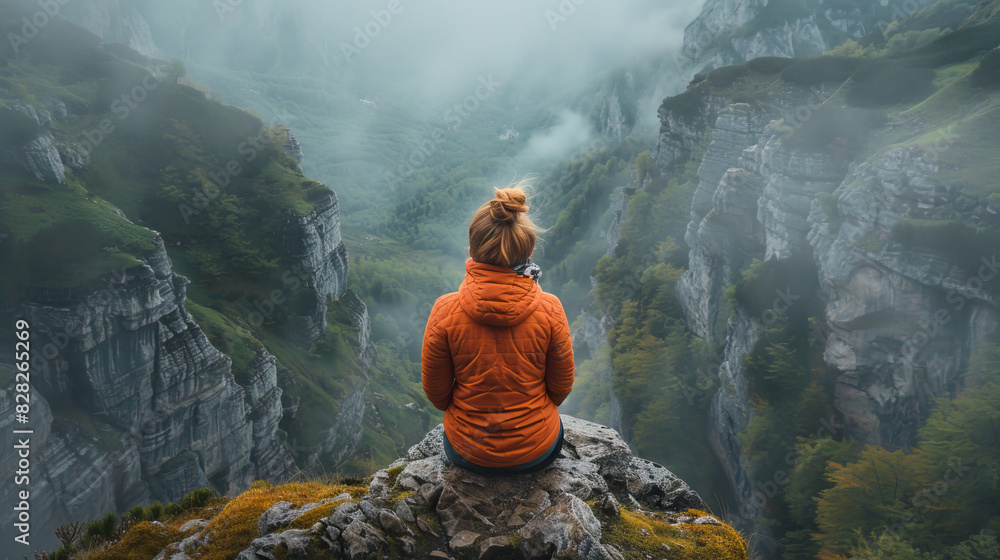 Obraz premium women or girl sitting on a rock in the mountains