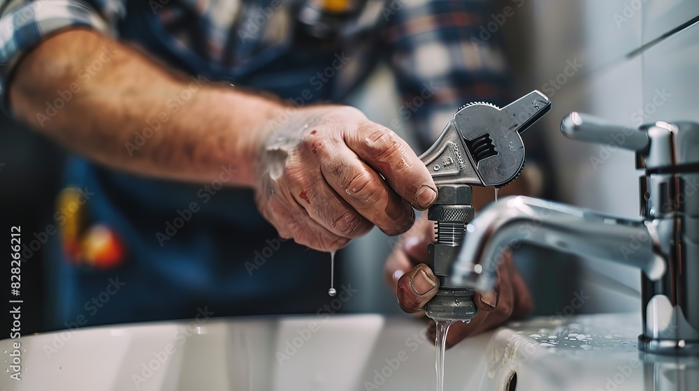 Youth profession and occupation, close-up photo of an officer wearing work uniform repairing water pipes, preventing sink water leaks at home Youth profession and occupation, close-up photo of an officer wearing work uniform repairing water pipes, preventing sink water leaks at home