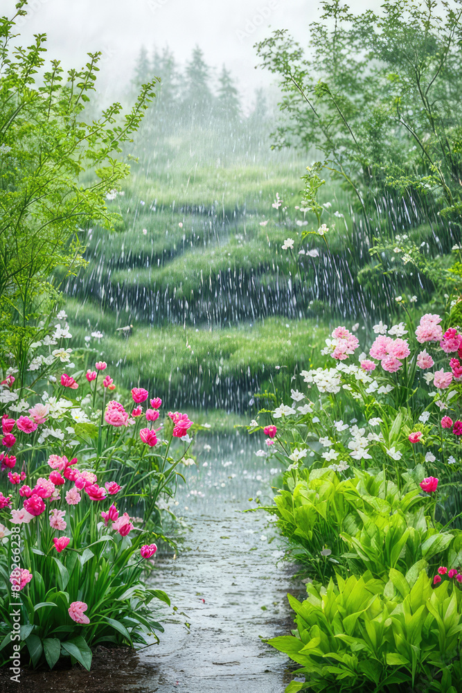 Fototapeta premium spring rain in blooming garden, concept freshness nature weather seasonal background