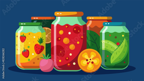 Jars of vibrant homemade pickles bursting with crispness and unique flavor combinations.. Vector illustration