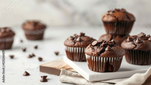 Chocolate muffins placed on a white table