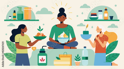 A wellness fair with various vendors offering organic and sustainable products from skincare to yoga props.. Vector illustration