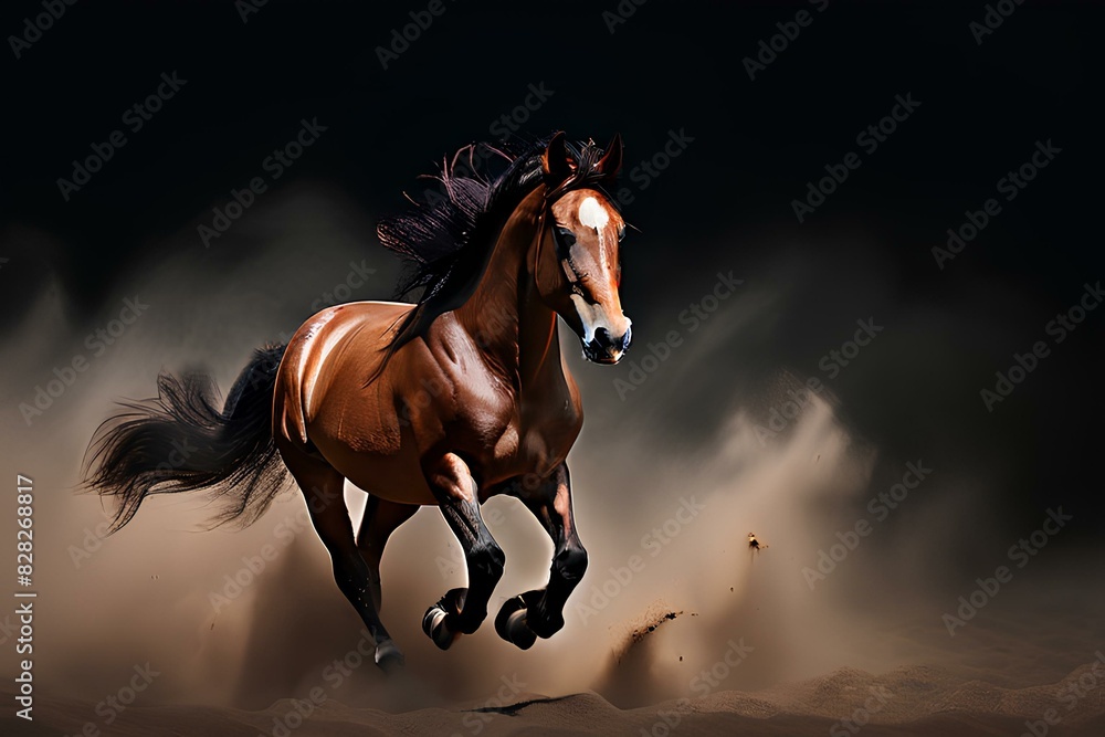 Beautiful bay horse galloping in the dust on a dark background. Beautiful bay horse galloping in the dust on a dark background.