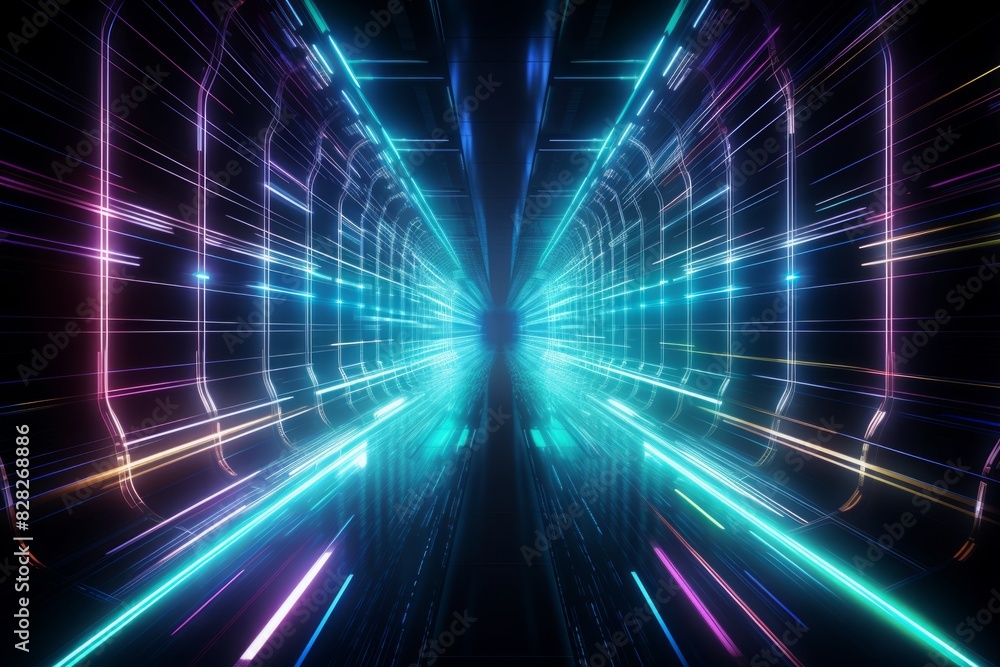 futuristic backdrop with neon lines and spots. Internet corridor, high-speed tunnel . futuristic backdrop with neon lines and spots. Internet corridor, high-speed tunnel .