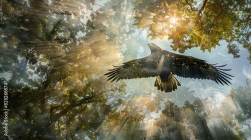 Eagles Flight Overlapping with Forest Canopy Merge the sweeping motion of an eagle in flight with the layers of foliage in a dense forest This double exposure can capture the dynamic energy and vitali © nunoi