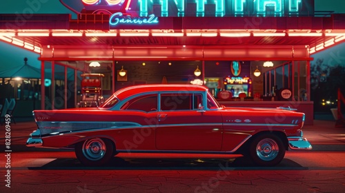 A shiny red classic car is parked in front of an old diner in America, 1950s, with bright neon lights.