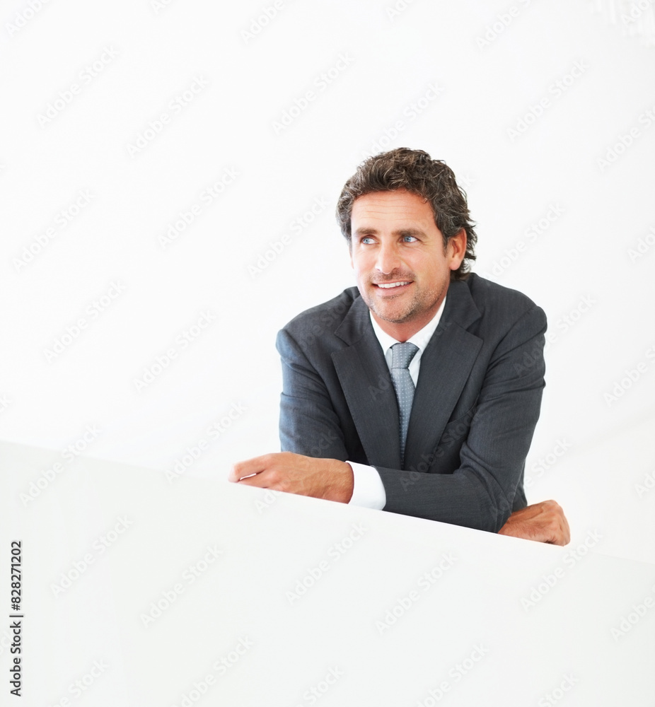 Businessman, thinking and lean on wall with happy or smile with pride for company success. Vision, professional and bright future in industry with thoughts, experienced and financial manager. Businessman, thinking and lean on wall with happy or smile with pride for company success. Vision, professional and bright future in industry with thoughts, experienced and financial manager.