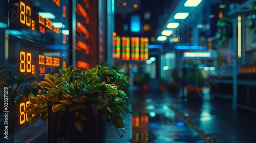 Illuminated digital stock tickers in a vibrant financial district, featuring plants and a futuristic, neon-lit environment. photo