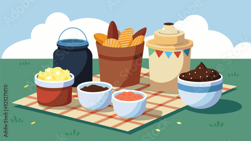 An outdoor picnic with a variety of dips and chips including classic French onion dip y black bean dip and sea salt and vinegar chips arranged in. Vector illustration