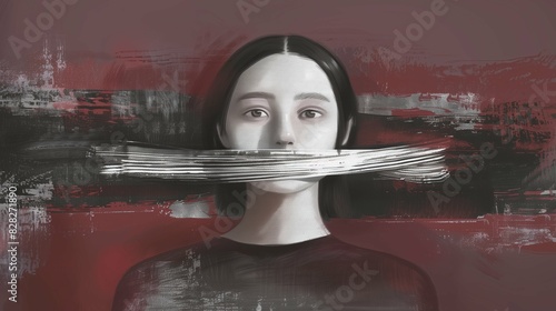 Freedom of speech conceptual painting artwork, a woman with taped mouth representing censorship and abuse, Horizontal illustration (16:9) photo