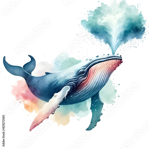 An illustration for summer, rendered in watercolor style, Whale clipart spouting water from its blowhole photo