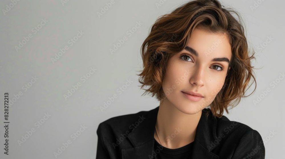 Fashionable business woman in black blazer with short hair looking aside in studio portrait shot Fashionable business woman in black blazer with short hair looking aside in studio portrait shot
