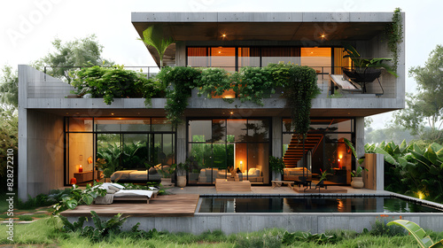 photo of unique small home 2 story and flora garden around area , cement half woo main material, located in the middle of the rice field in rural Thailand 