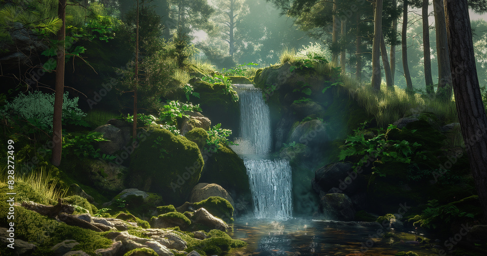 Naklejka premium there is a waterfall in the middle of a forest with rocks and trees