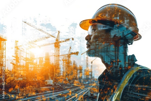 Building construction engineering with double exposure graphic design, construction workers with civil equipment technology 2d illustration on a white background, AI generated