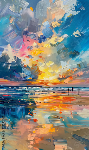 painting of a couple walking on the beach at sunset photo