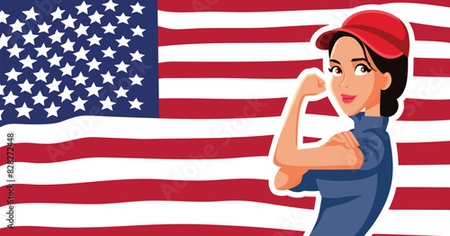 Worker Celebrating Labor Day with American Flag Vector illustration. Cheerful worker showing strength and empowerment in USA 

