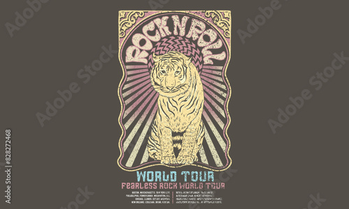 Tiger rock and roll vintage artwork.  Tiger fearless artwork. Wild attitude is everything. Wild animal graphic hand sketch for music poster.
