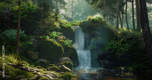 there is a waterfall in the middle of a forest with rocks and trees