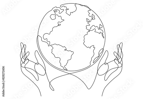 save world concept in one line drawing continuous with caring hands