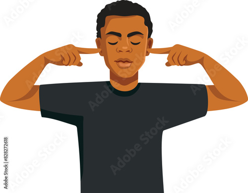 Unhappy Man Covering His Ear Closing Communication Vector Illustration. Stressed guy feeling discriminated plugging his hearing 
