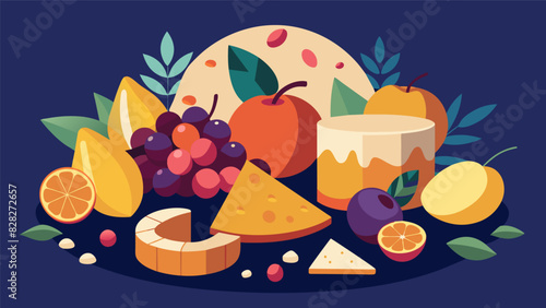 Indulge in a highend snack experience with a selection of rare handpicked fruits and artisanal cheeses.. Vector illustration