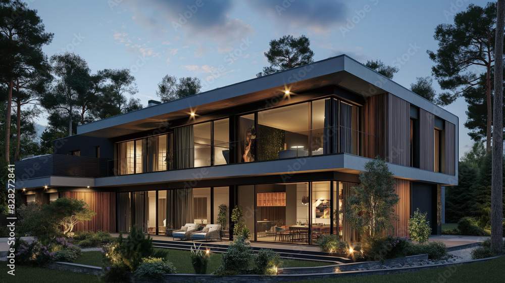 Obraz premium arafed modern house with a large patio and a large glass wall