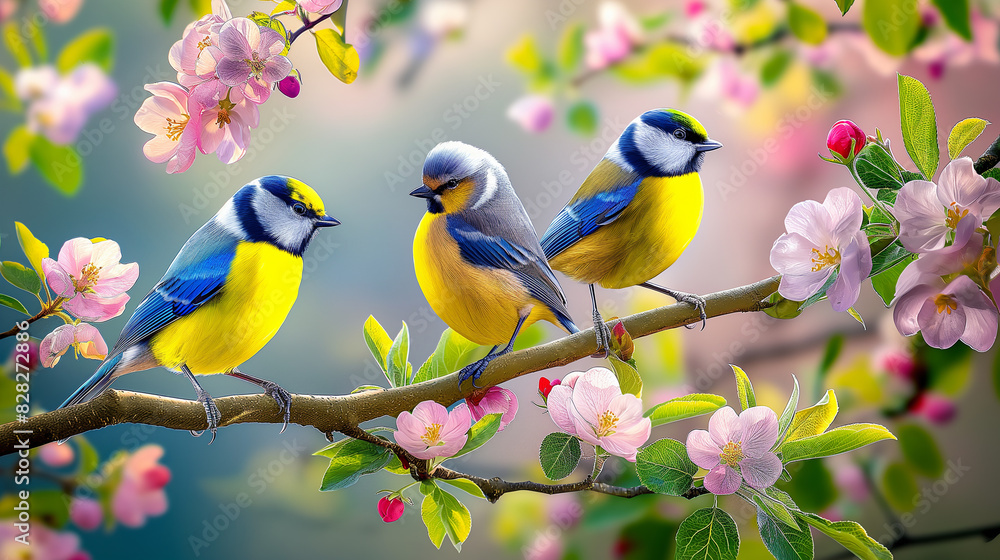 Fototapeta premium three birds sitting on a branch of a tree with pink flowers