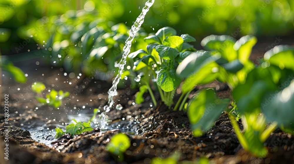 Watering plants and vegetables with drip irrigation in field Watering plants and vegetables with drip irrigation in field