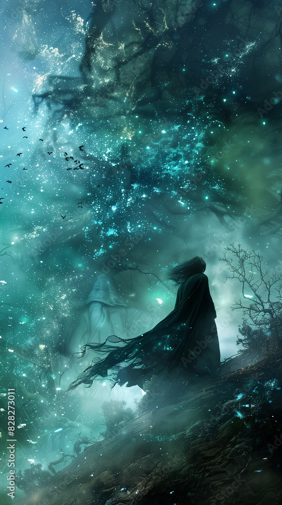 there is a woman sitting on a hill in the middle of a forest there is a woman sitting on a hill in the middle of a forest