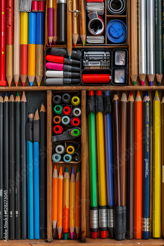 Organized Wooden Drawer Filled with Art Supplies Reflecting an Artist's Creative Space and Attention to Detail