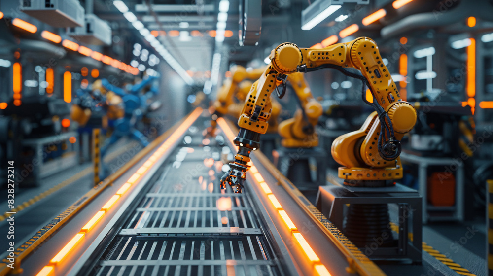 Industrial robot arm working on an automobile assembly line in a ...