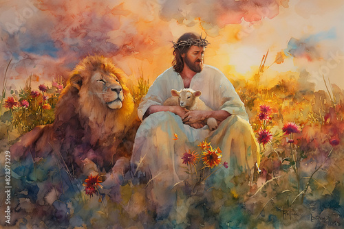 painting of jesus sitting in a field with a lion and a lamb