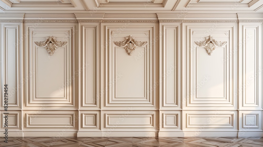 Fragment of an interior with classic wooden panels and laminate flooring. Modern luxury home with classical wall molding decoration. Fragment of an interior with classic wooden panels and laminate flooring. Modern luxury home with classical wall molding decoration.