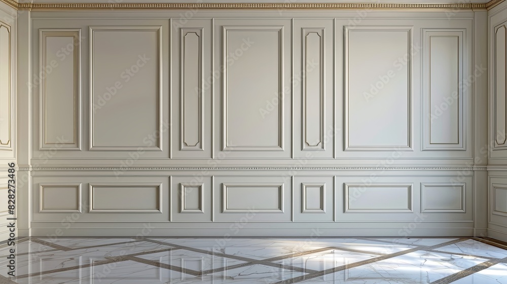 Fragment of Classic Wooden Panel Interior with Wall Molding Decoration and Laminate Flooring Fragment of Classic Wooden Panel Interior with Wall Molding Decoration and Laminate Flooring