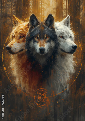 there are three wolfs that are standing in the woods