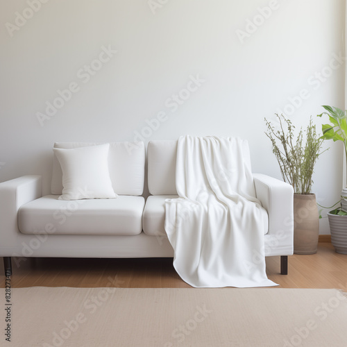 there is a white couch with a blanket on it in a room