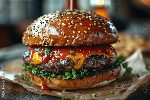 Juicy pulled beef sandwich on wooden plate, classic fast food. Ai Generated