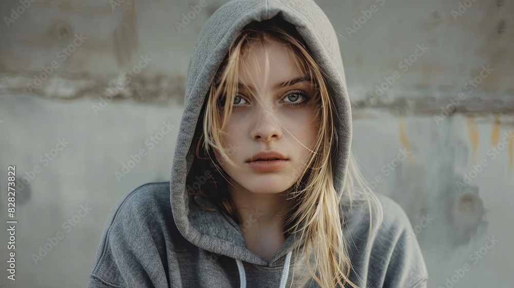 Portrait of young blonde woman in gray hoodie. Portrait of young blonde woman in gray hoodie.