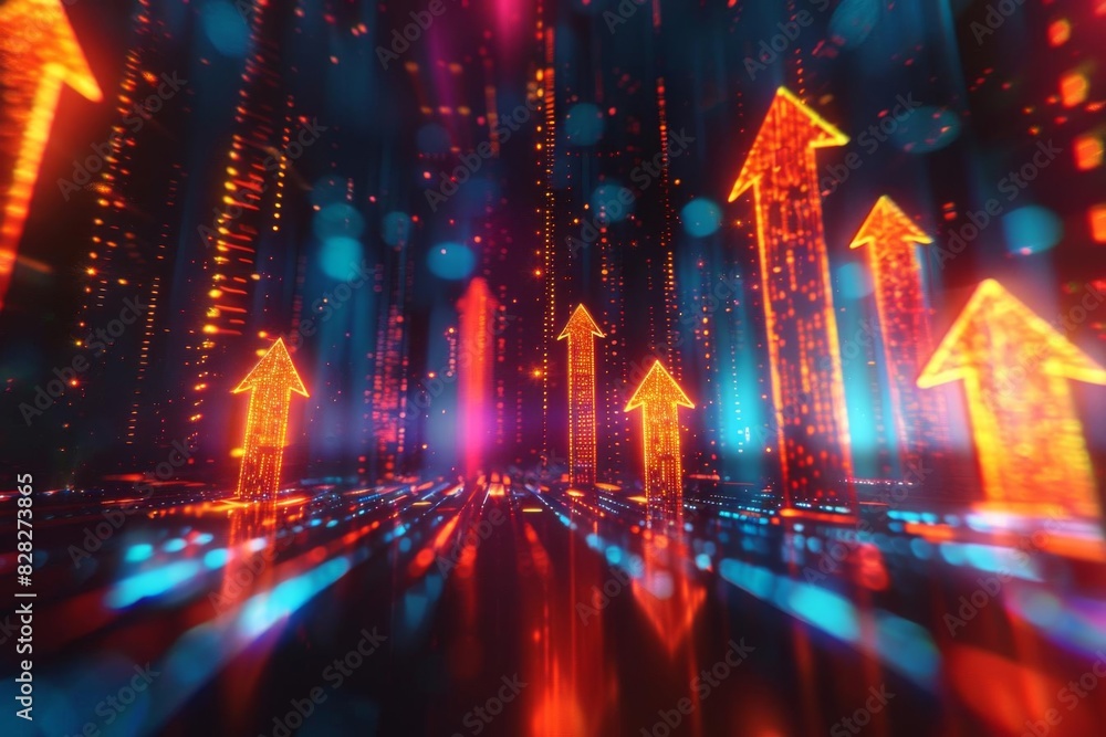 Abstract futuristic arrows indicating growth and progress in a vibrant digital landscape, featuring glowing neon colors.
