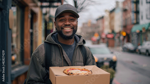 Male deliveryman holding a pizza box for a contactless delivery photo