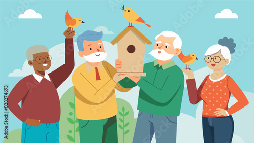 A friendly competition between seniors to see who can identify the most birds during a club outing with the winner receiving a homemade birdhouse as a prize.. Vector illustration