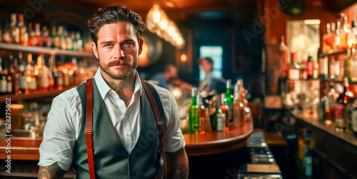 A stylish man with tattoos standing at a bar counter, warm light ambiance, hospitality concept. Generative AI