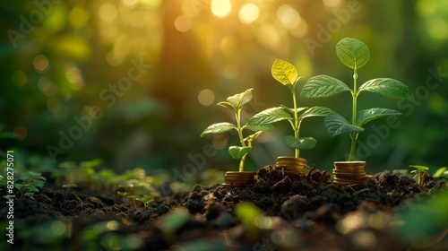 Young plants sprouting from stacks of coins in soil  symbolizing financial growth and investment  illuminated by warm sunlight.