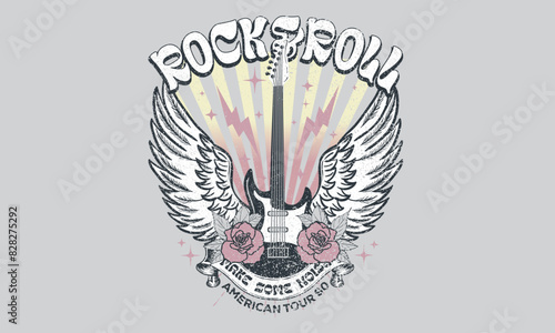 Bird wing with rose flower vintage artwork for apparel, stickers, posters, background and others. Rock world tour artwork. Rock star vintage artwork. Eagle music poster design.