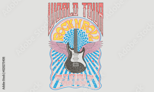 Guitar with eagle wing vector artwork for apparel, stickers, posters, background and others. Rock and roll vintage print design. Rock world tour artwork. Rock star vintage artwork. Music world tour.	