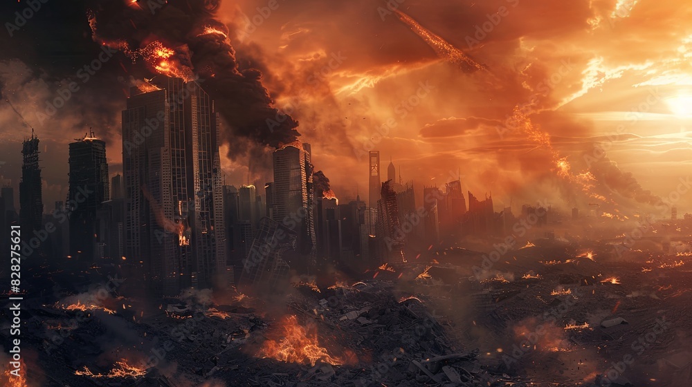 Apocalyptic cityscape engulfed in flames