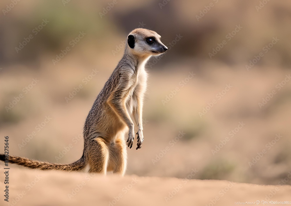 Fototapeta premium Suricate standing on hind legs, watching around.