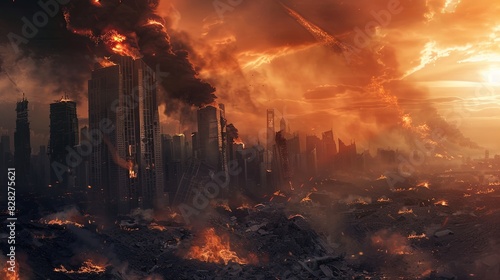Apocalyptic cityscape engulfed in flames