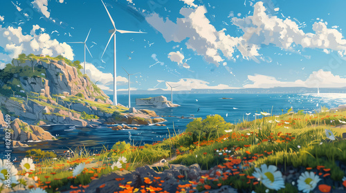 there is a painting of a wind turbine on a hill by the ocean photo